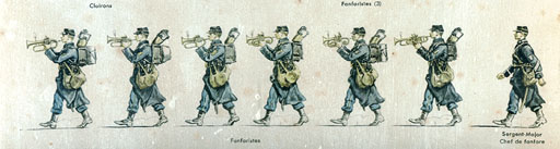 Planche 7: Chasseurs à pied (la fanfare) (Plate 7: Light Infantry) [composition of the regimental fanfare]. Illustration from Jean Augé, <em>L'Armée française d'Août 1914, Paris 1935